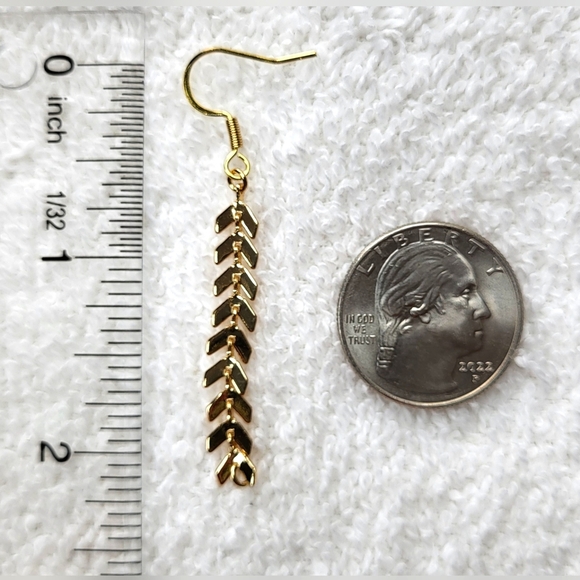 Gold Chevron Linear Drop Statement Dangle Earrings / Pierced - Picture 5 of 5